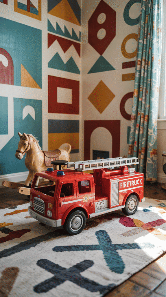 Geometric-patterned kids bedroom wallpaper with bold shapes.