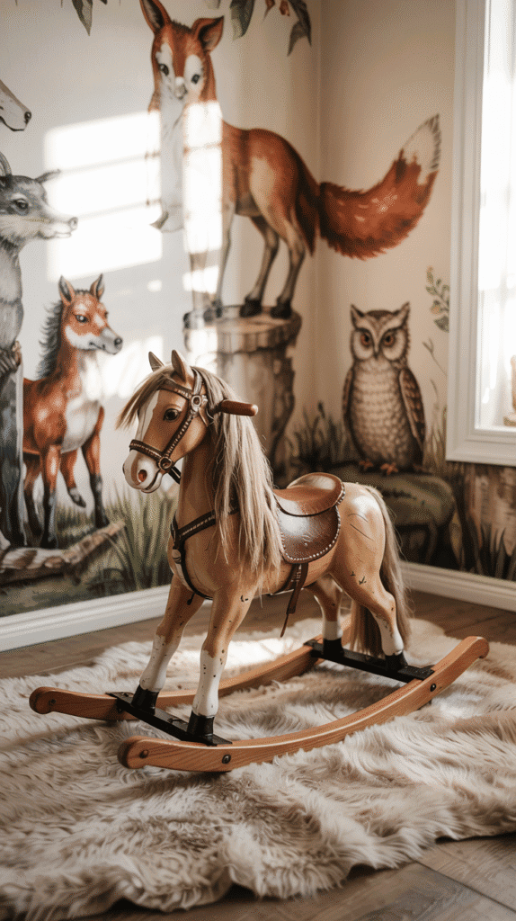 Whimsical creature-themed kids bedroom wallpaper with forest animals.