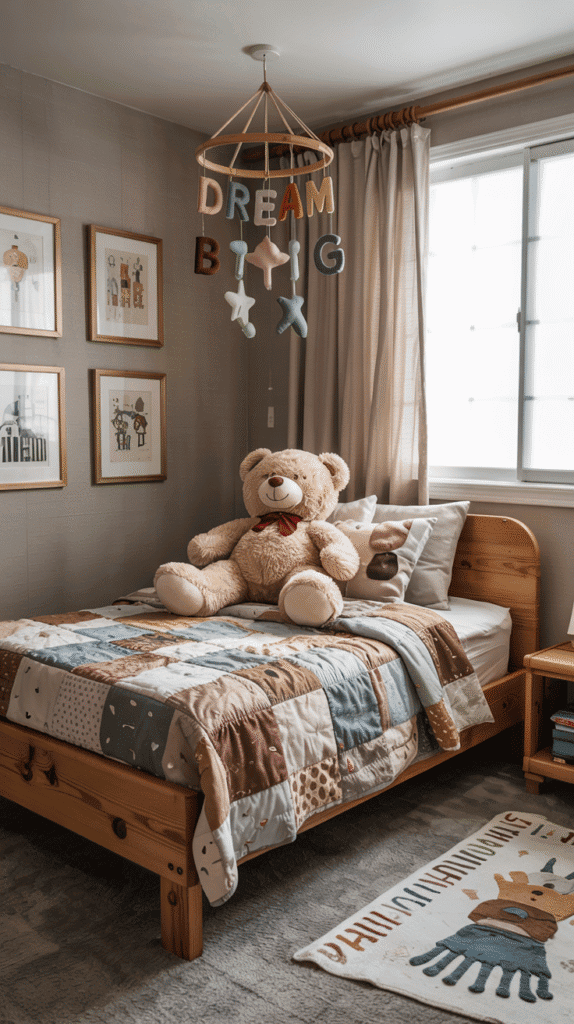 Personalized kids bedroom with neutral wallpaper and unique decor.