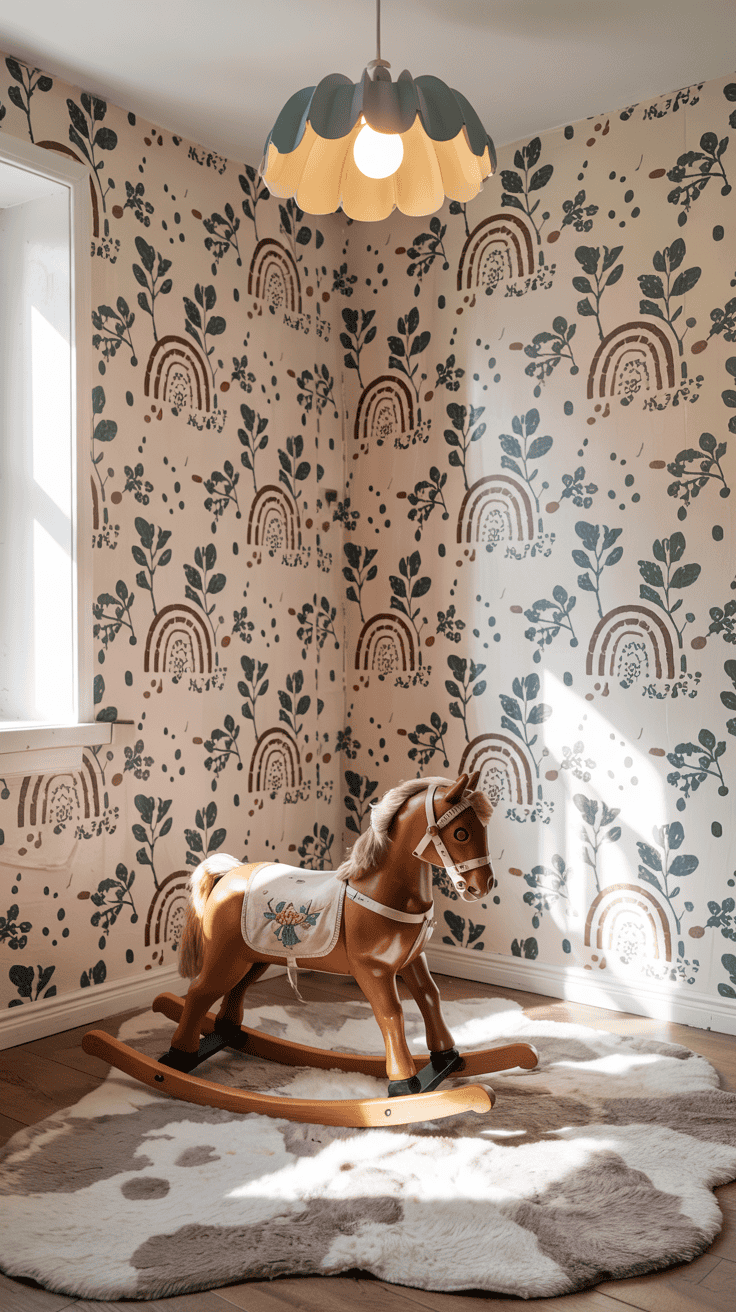 Featured kids bedroom wallpaper with terrazzo and rainbow patterns.