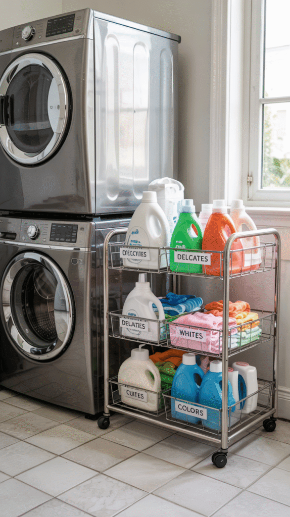 Rolling cart and magnetic storage around stackable washer and dryer