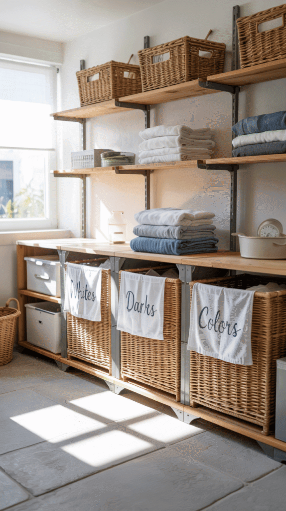 Organized laundry room ideas small space stackable with sorting station for efficient workflows