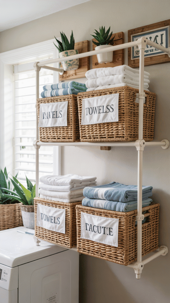 Cost-effective DIY laundry room ideas small space stackable using tension rods and removable hooks