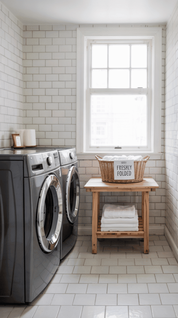 Classic white and gray themed laundry room small space ideas with subway tiles and stainless accents