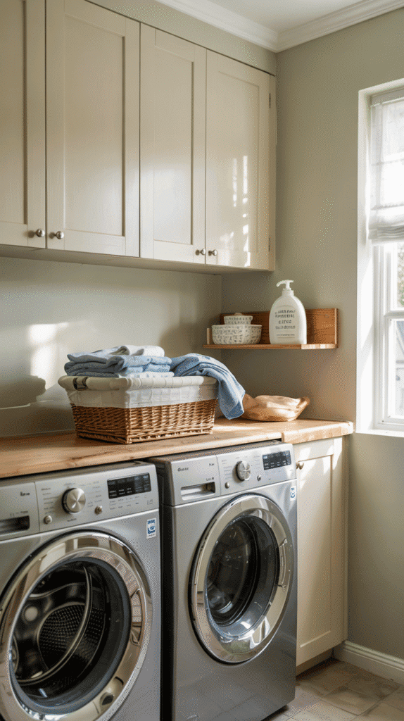 Sage and cream laundry room small space ideas featuring natural wood shelves and greenery