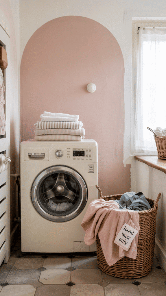 Sophisticated blush pink and white laundry room small space ideas with rose gold accents