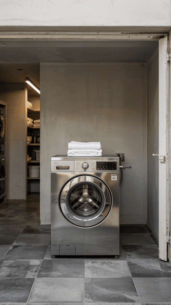 Modern industrial charcoal and light wood themed laundry room small space ideas