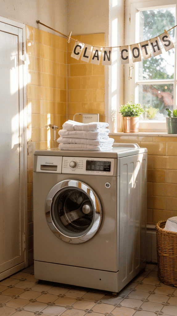 Cheerful sunshine yellow and white laundry room small space ideas with chrome accents
