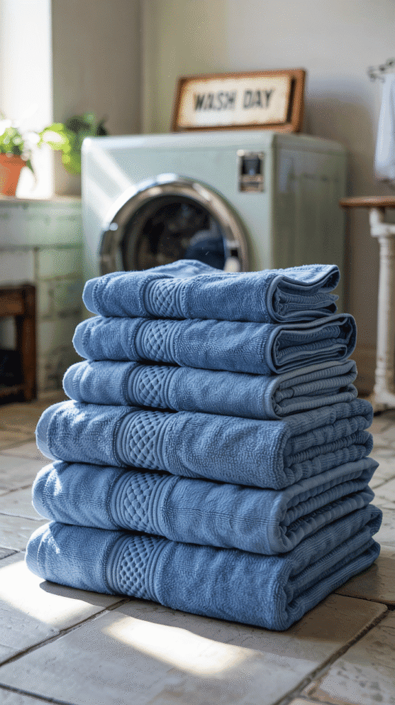 Calming monochromatic blue themed laundry room small space ideas