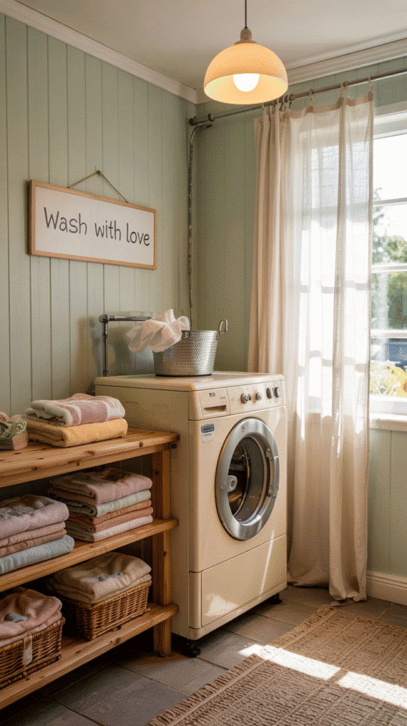 Image of small laundry room with light colors to enhance space, highlighting laundry room small space ideas