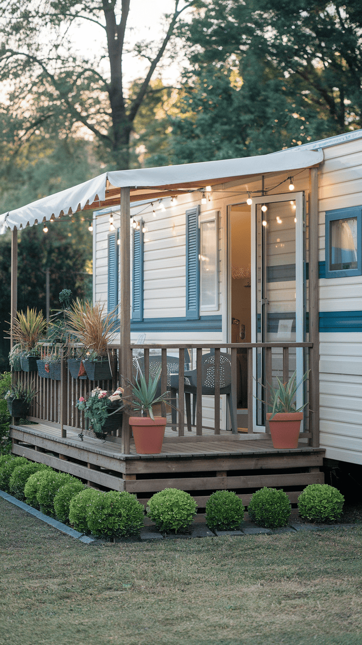 Stylish porch and landscaped greenery to make a mobile home look like a house
