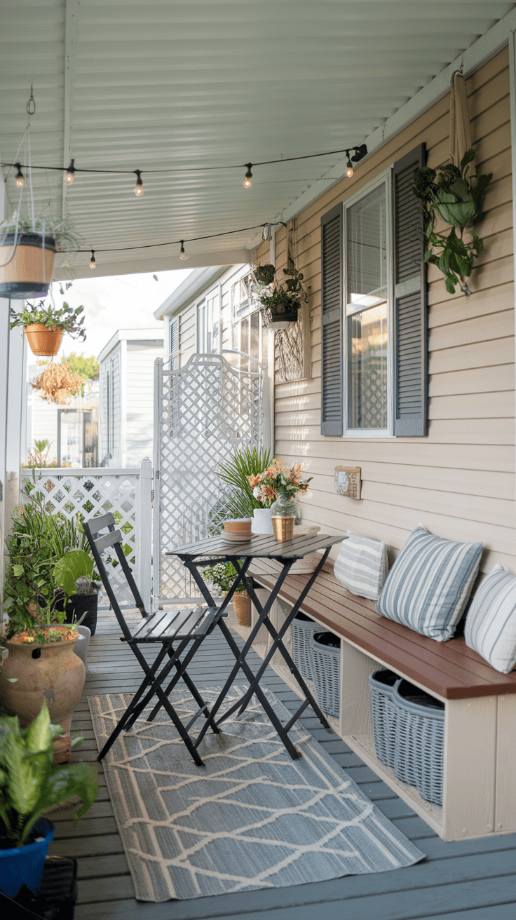 Cozy and stylish small manufactured home porch featuring a fold-down bistro table, hanging planters, and a built-in bench with storage. Main keyword: manufactured home porch ideas.