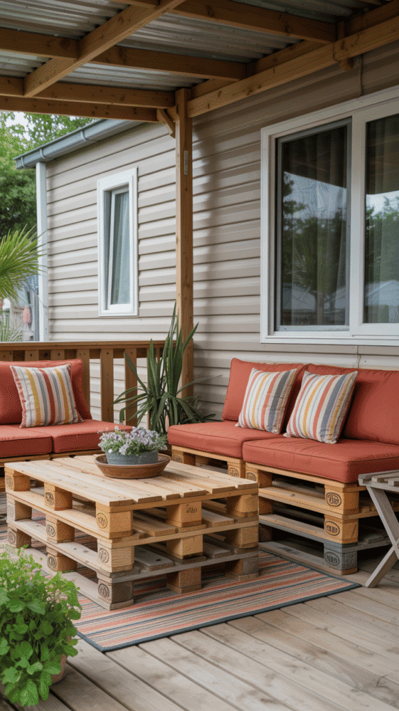 Creative mobile home back porch ideas featuring DIY pallet furniture seating area with outdoor cushions