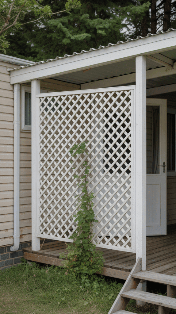 Privacy screening mobile home back porch ideas using decorative lattice panels with climbing plants
