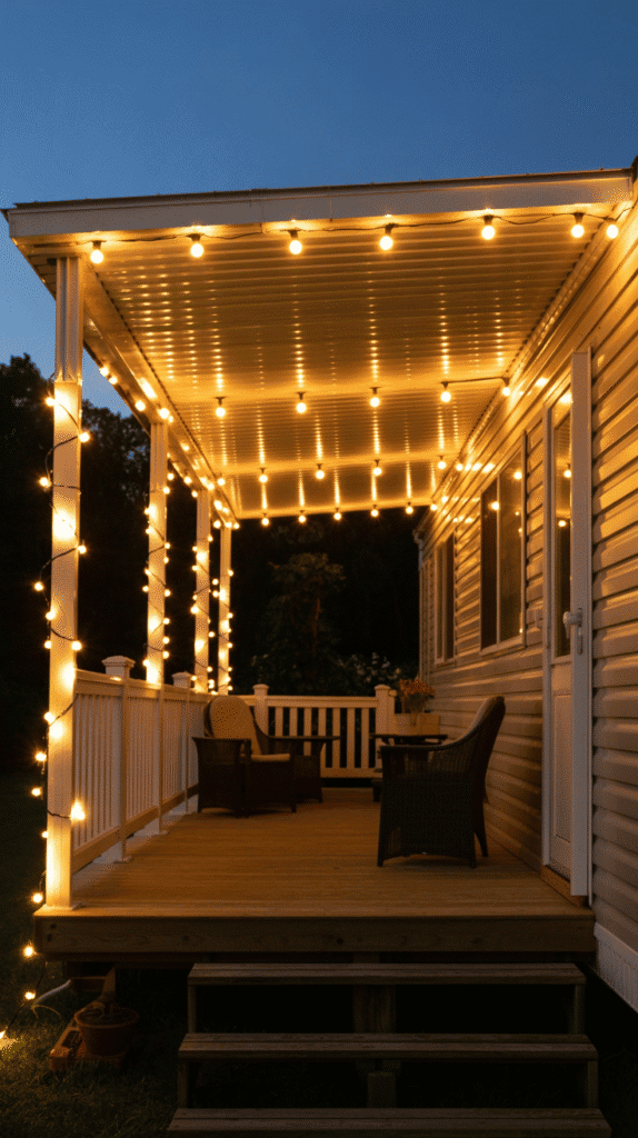 Ambient string lighting mobile home back porch ideas creating cozy outdoor evening atmosphere