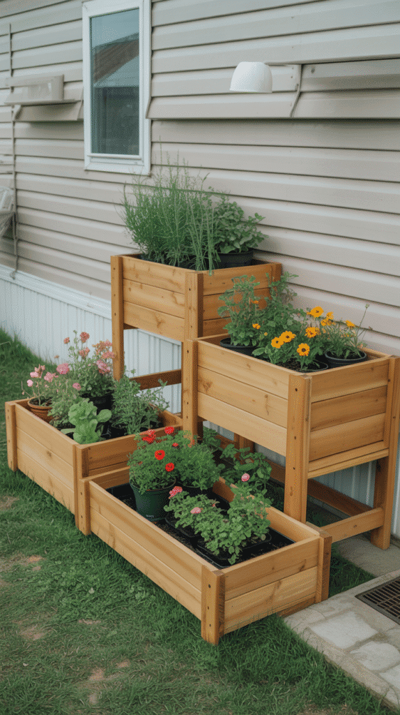 Container gardening mobile home back porch ideas with wooden planter boxes and colorful flowering plants