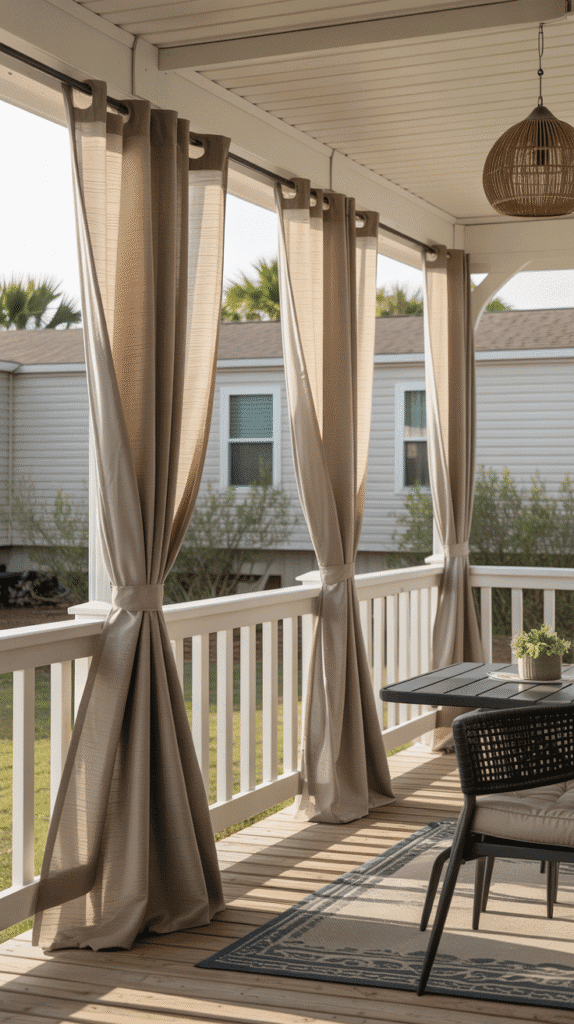 Privacy solutions mobile home back porch ideas using outdoor curtains for intimate outdoor living space