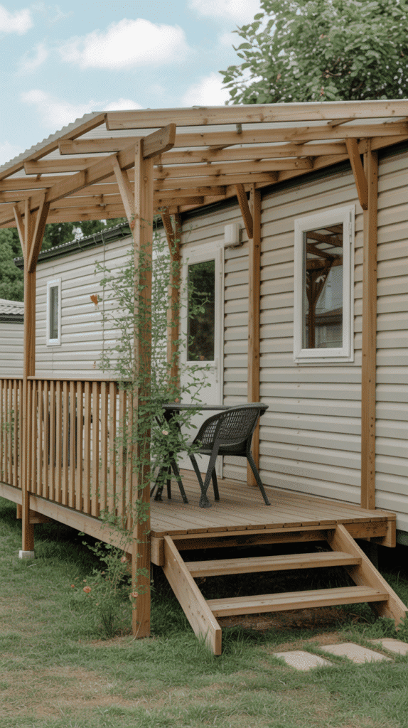 Shade structures mobile home back porch ideas featuring DIY pergola for comfortable outdoor living