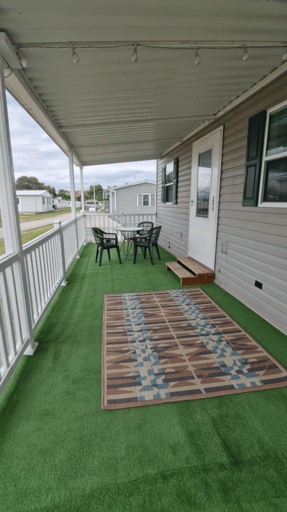 Flooring upgrade mobile home back porch ideas with artificial turf or outdoor rugs for enhanced comfort