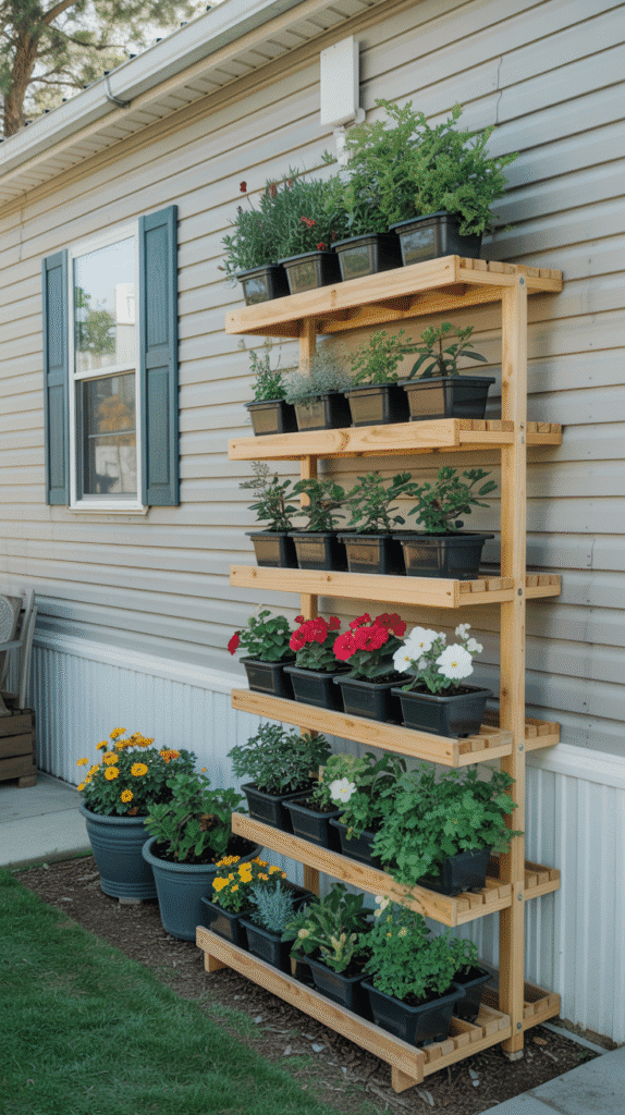 Vertical gardening mobile home back porch ideas using multi-level plant stands for space-efficient displays