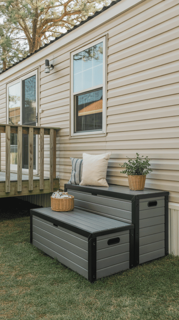 Storage solutions mobile home back porch ideas with weather-resistant containers for organized outdoor living