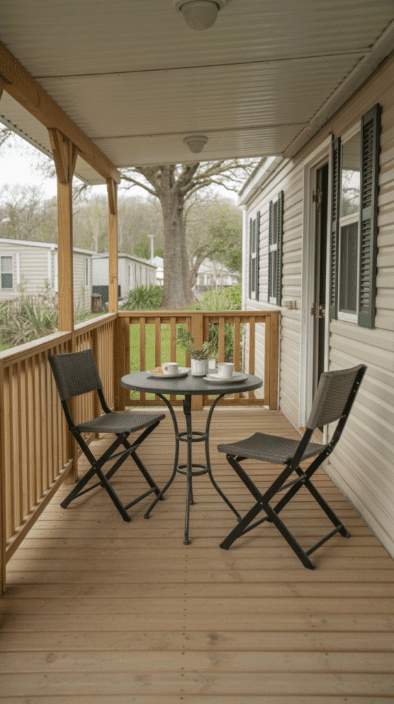Outdoor dining mobile home back porch ideas with compact bistro table set for intimate meals