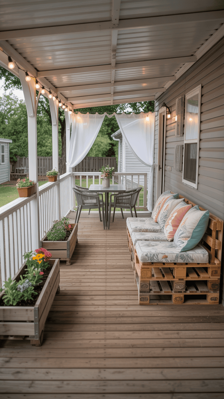 Budget-friendly mobile home back porch ideas showcasing transformed outdoor space with seating, lighting, and plants