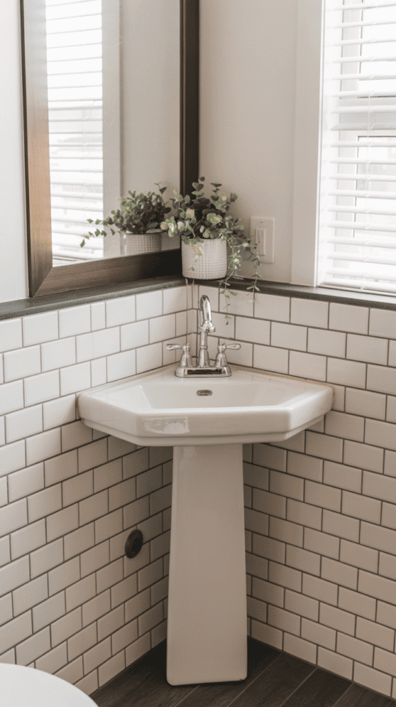 Corner pedestal sink mobile home bathroom ideas for maximizing small bathroom floor space
