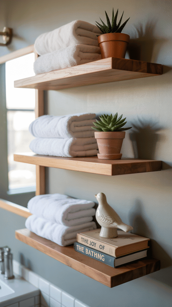 Floating wood shelves mobile home bathroom ideas for vertical storage and modern organization