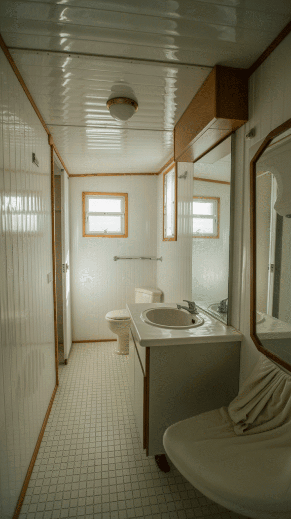 Light colored glossy paint mobile home bathroom ideas for reflecting light in small spaces