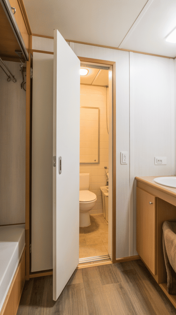 Space-saving pocket door mobile home bathroom ideas for maximum room layout efficiency