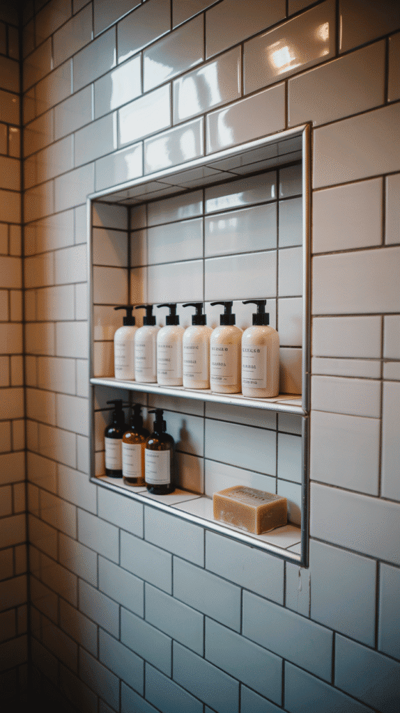 Built-in shower niche mobile home bathroom ideas for permanent organized shower storage