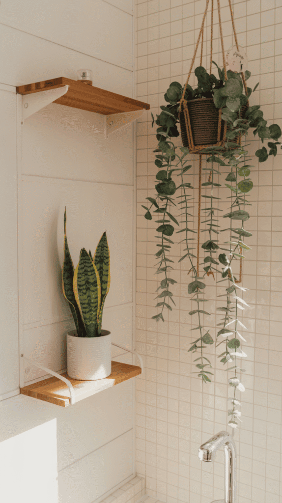 Natural plants and elements mobile home bathroom ideas for fresh spa-like bathroom atmosphere