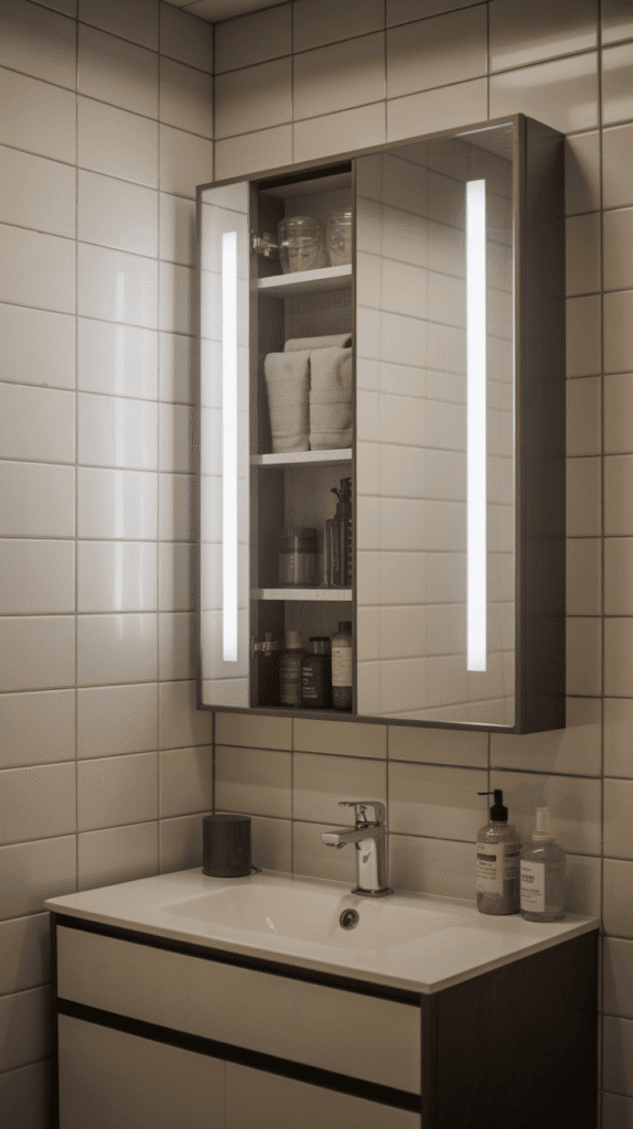 LED medicine cabinet mirror mobile home bathroom ideas for double storage and lighting solution