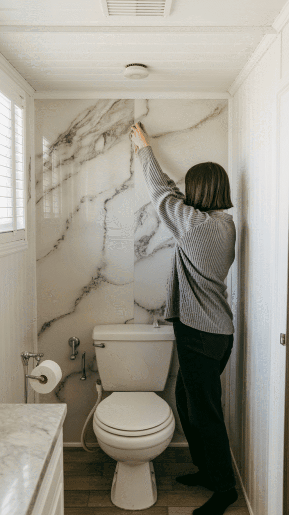 Removable marble wallpaper accent wall mobile home bathroom ideas for spa-like atmosphere