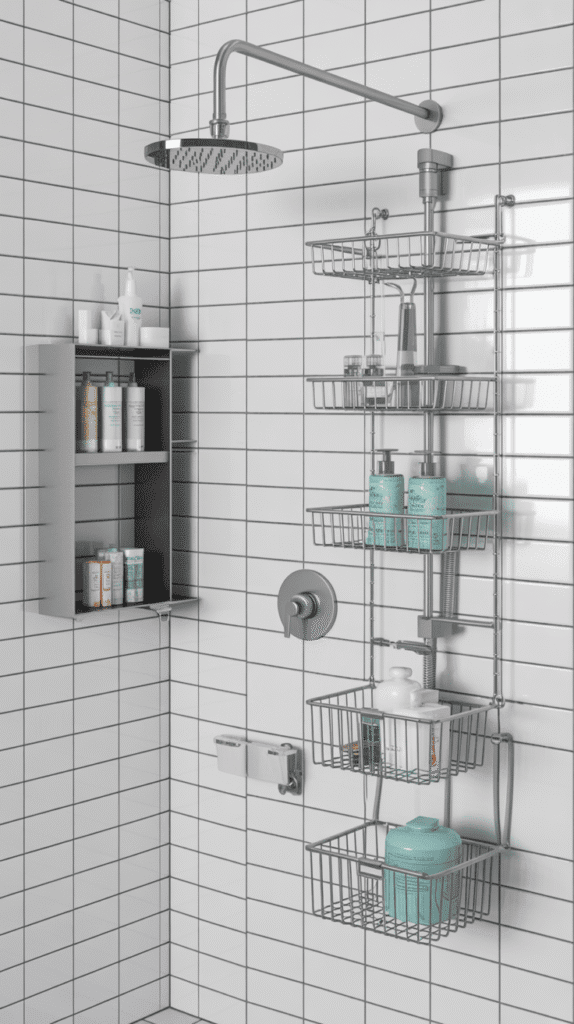 Tension rod shower caddy mobile home bathroom ideas for drilling-free storage organization