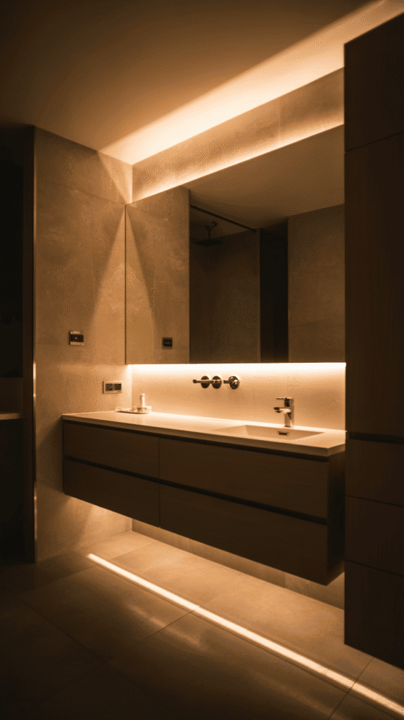 Under vanity LED strip lighting mobile home bathroom ideas for modern ambient bathroom lighting