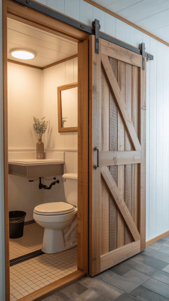 Sliding barn door mobile home bathroom ideas for space-saving stylish bathroom entrance