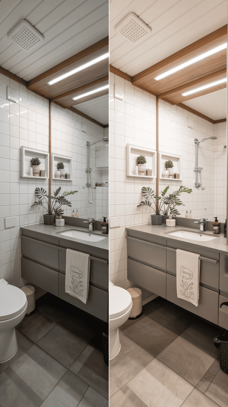Before and after mobile home bathroom ideas transformation showing small space luxury renovation