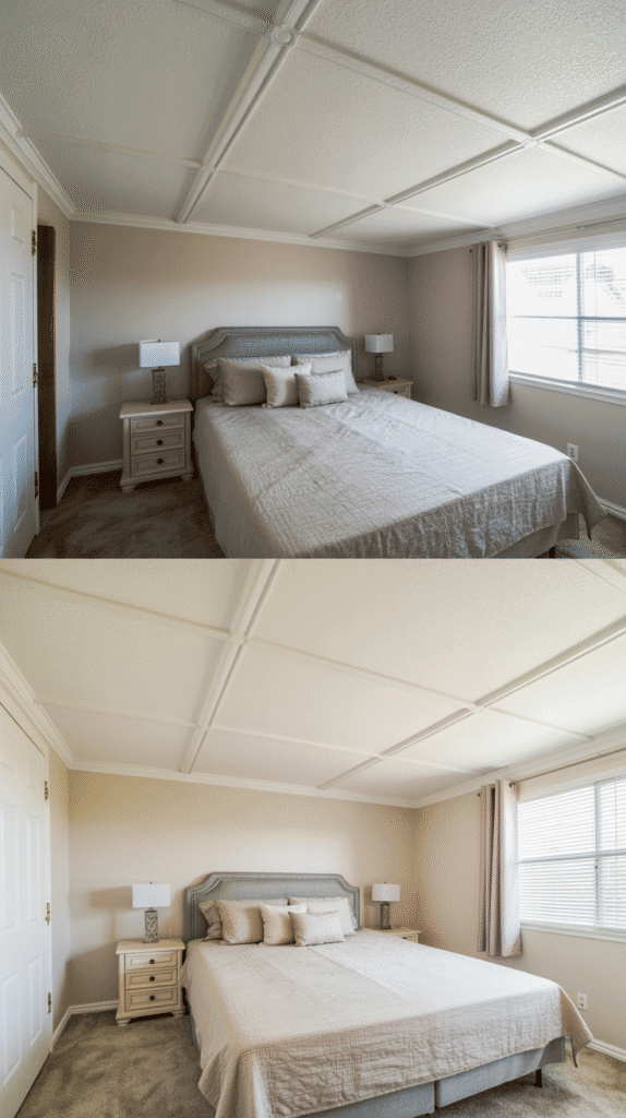 Mobile home bedroom ideas featuring elegant crown molding and baseboards for an upscale architectural look