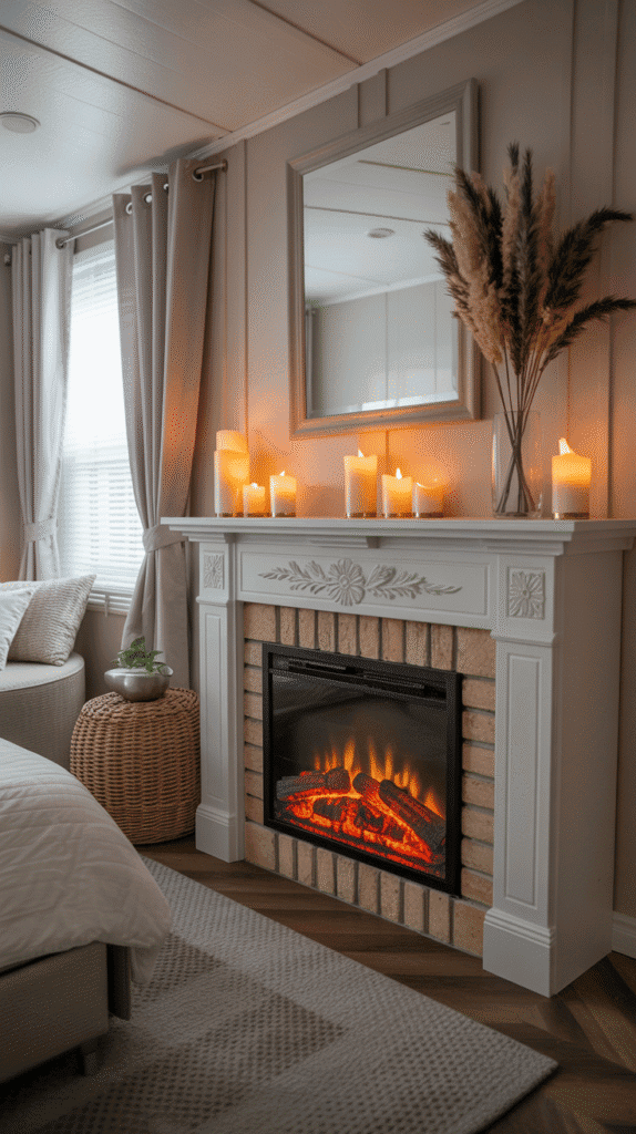 Mobile home bedroom ideas featuring faux fireplace feature wall for ultimate luxury focal point and cozy atmosphere