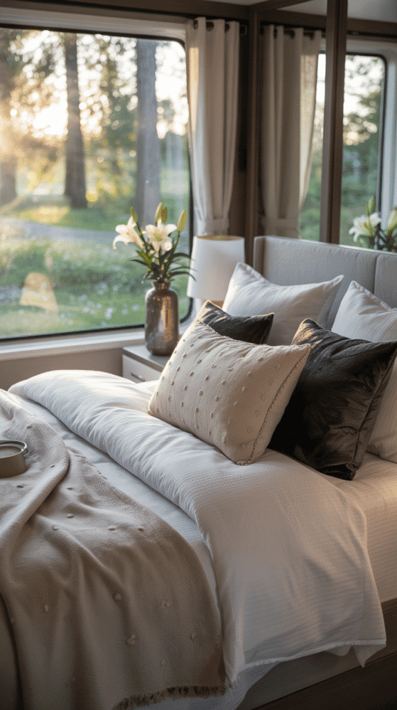 Mobile home bedroom ideas showcasing high-end bedding and textiles for instant luxury upgrade and hotel-style comfort