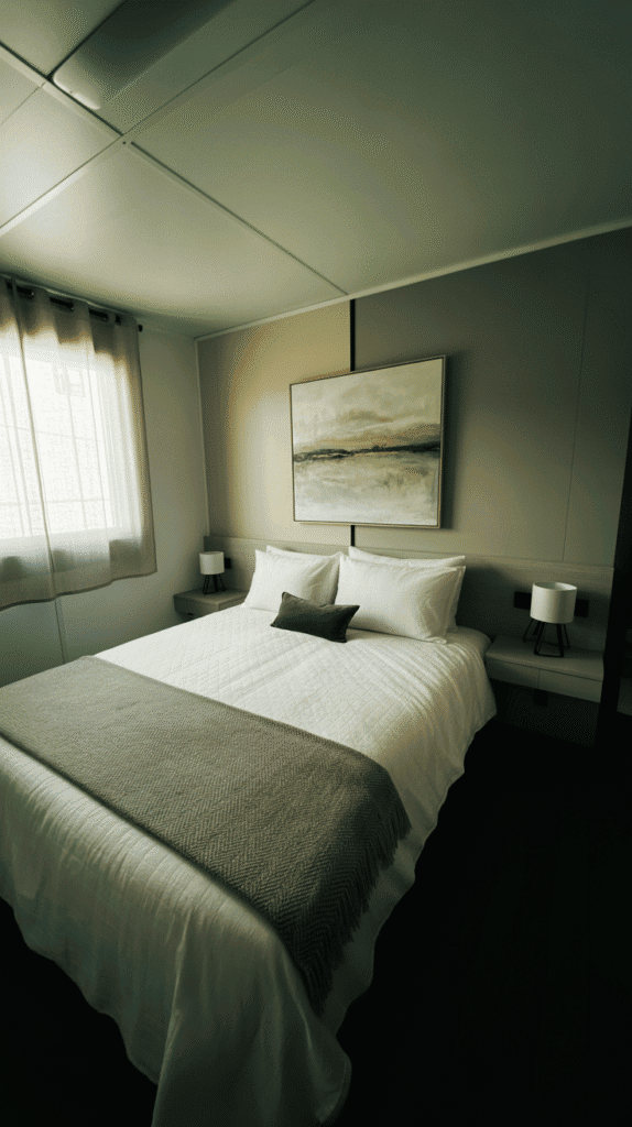 Mobile home bedroom ideas with floating nightstands and shelves for modern space-saving design and contemporary appeal