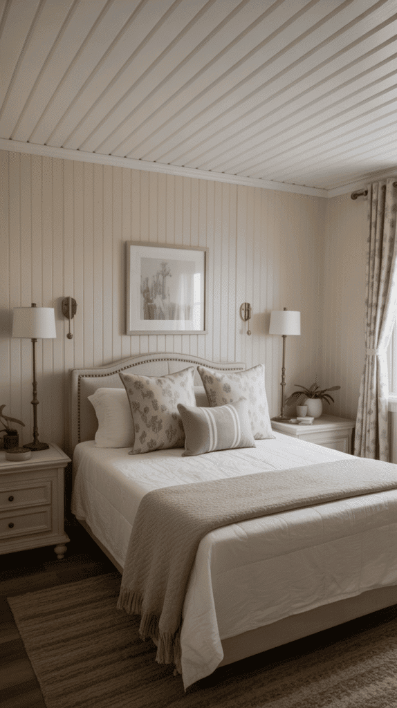 Mobile home bedroom ideas featuring wainscoting or board and batten wall treatment for timeless elegance and character