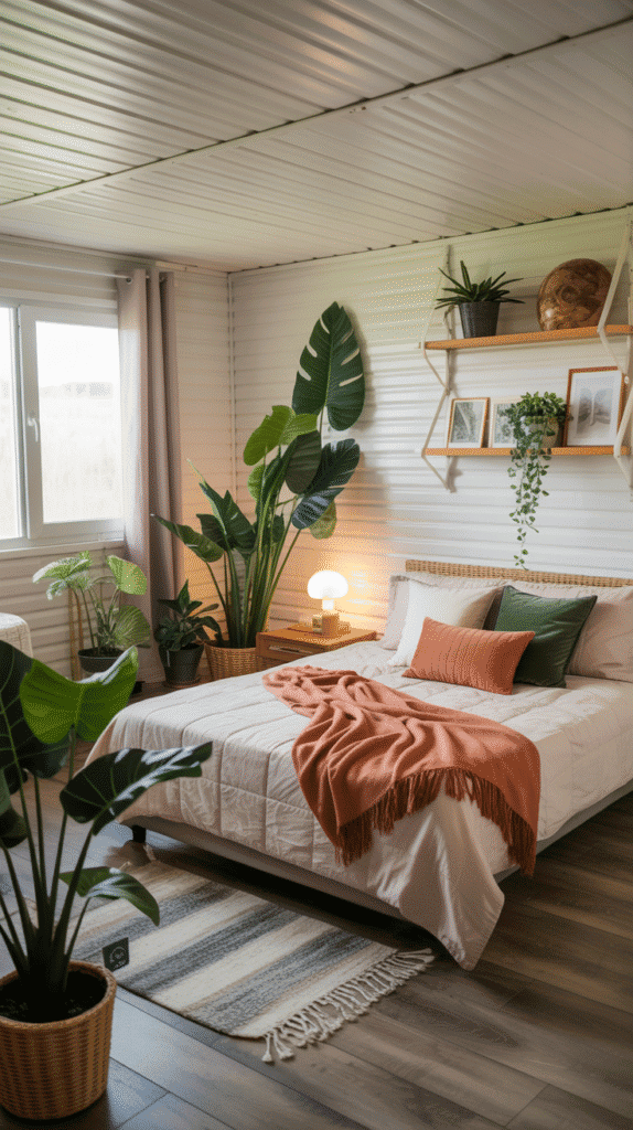 Mobile home bedroom ideas incorporating plants and greenery for natural luxury and fresh living space ambiance