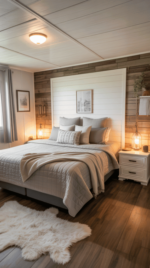 Mobile home bedroom ideas with stunning shiplap accent wall creating farmhouse-chic style and visual texture