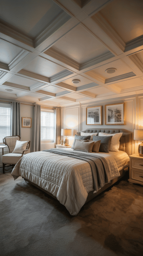 Mobile home bedroom ideas featuring coffered ceiling treatment that adds luxury and sophisticated architectural details