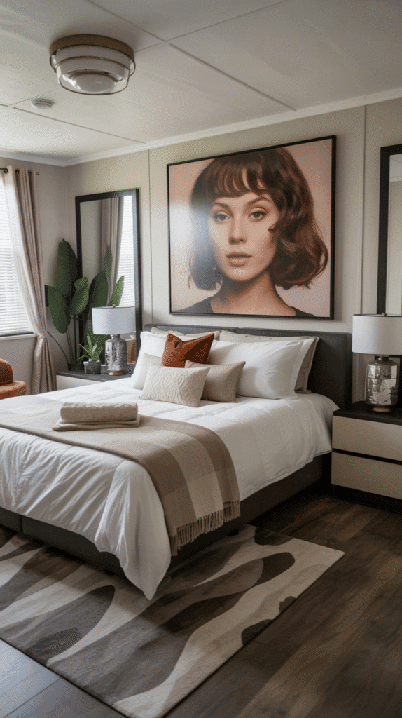 Mobile home bedroom ideas using large-scale artwork and mirrors to create sophisticated focal points and visual impact