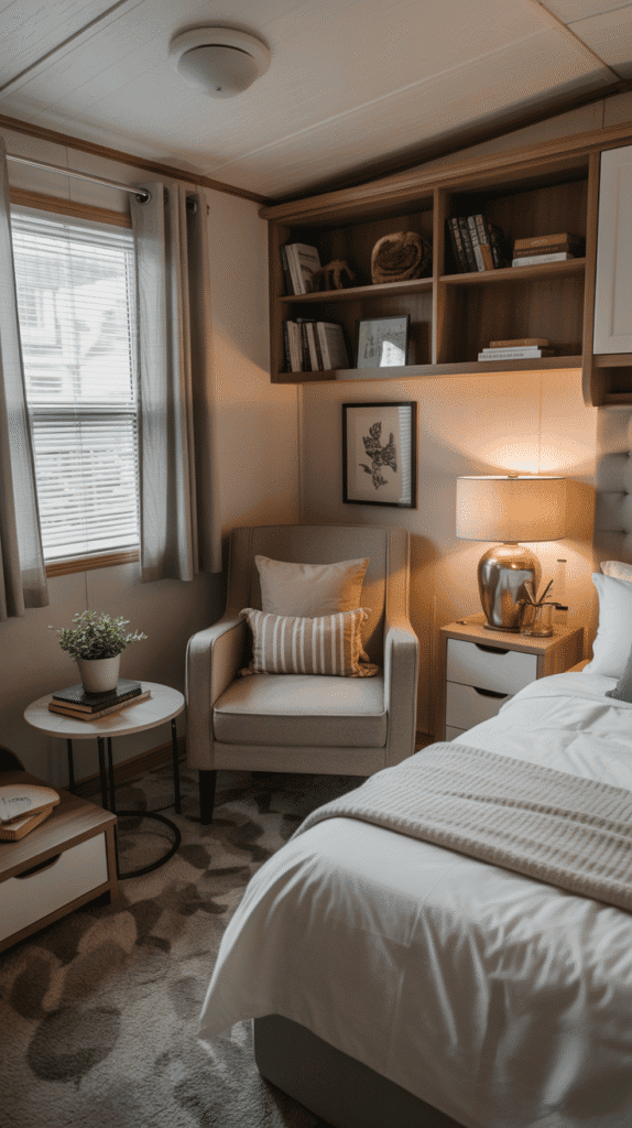 Mobile home bedroom ideas incorporating a reading nook or sitting area for added luxury and functionality