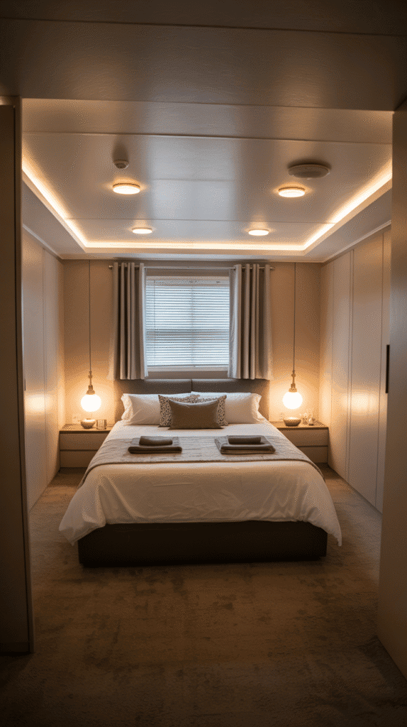 Mobile home bedroom ideas featuring recessed lighting and dimmer switches for sophisticated ambiance and modern appeal